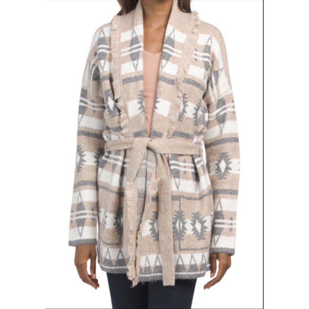 Tahari Tie‎ Oversize Cardigan Women's Southwest Aztec Sweater Beige/Gray Size XS